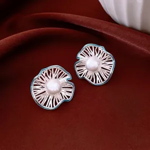 Elegant Flower Stud Earrings With Artificial Pearl And Silver Earring Post Hollow Enamel Floral Jewelry For Women