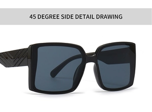 Detailed 45-degree side view of black square sunglasses with V-pattern embossed temples