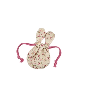 Floral cotton drawstring storage bag with cute rabbit ears and pink braided ropes