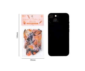 Size reference of amber feather PET sticker pack with 40 pieces next to a smartphone