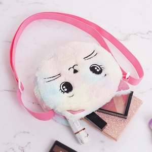 Cute rainbow plush cat crossbody bag for kids displayed with stylish accessories