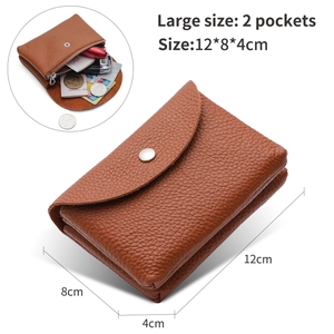 Brown leather coin purse with size measurements showing 2 pockets and large capacity