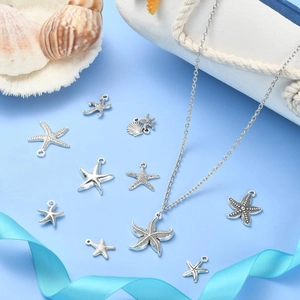 Silver starfish pendants and necklaces set with nautical rope and seashell decor