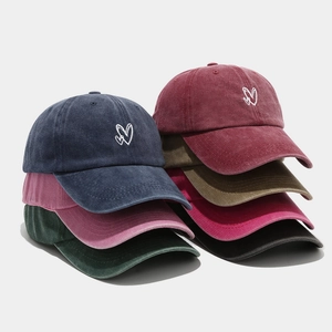 Vintage Washed Cotton Baseball Cap Heart Embroidery Distressed Retro Adjustable Sun Hat For Men Women Unisex Casual