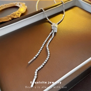 Elegant silver Y-shaped tassel necklace with sparkling white zircons for women
