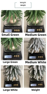 Weight measurement detail for green and flocked mini Christmas trees with wooden base