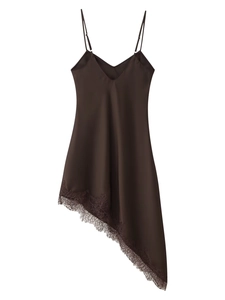 Detail of dark brown satin dress featuring delicate floral lace trim and irregular hem