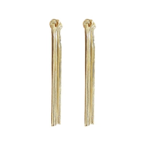 Golden fan-shaped tassel earrings with braided knot design and long snake chain fringes