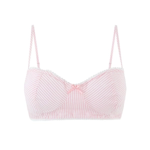 Nahaufnahme des rosa gestreiften Camisole-Tops mit Spitzenbesatz und kleiner Schleife