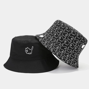 Reversible cotton bucket hat with cute cartoon cat embroidery and all-over print