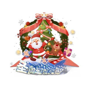 Cartoon Santa Claus and reindeer Christmas window stickers with festive holiday decorations