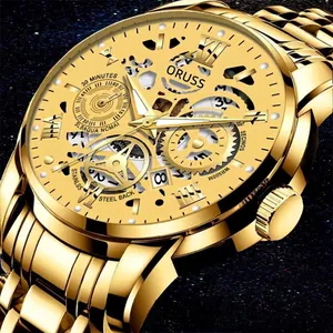 Waterproof gold skeleton automatic mechanical watch with luminous hands and date function