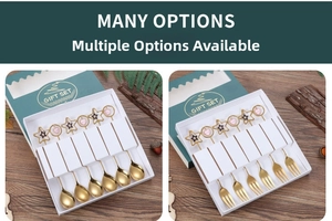 Detail view of 304 stainless steel golden dessert spoons with star and heart charms