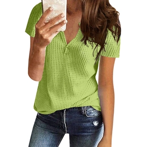 Women's V-neck waffle knit short sleeve T-shirt in lime green, casual loose fit style
