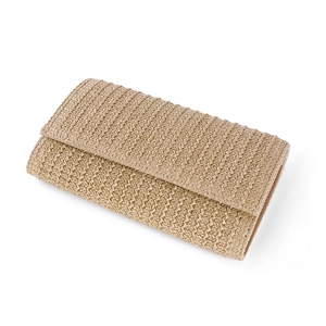 Detail of beige woven straw envelope bag texture with minimalist summer vacation style