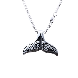 Polished silver whale tail pendant necklace with vintage tribal totem engravings