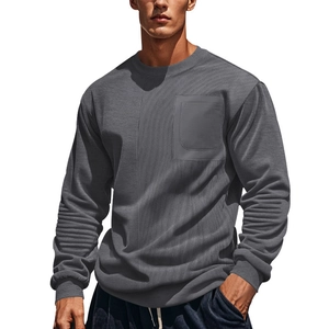 Men's dark gray waffle knit crewneck sweatshirt with corduroy pocket and ribbed texture