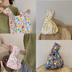 Women Floral Print Cotton Canvas Wrist Handbag Small Japanese Knot Bag Fresh Vintage Style Coin Pouch
