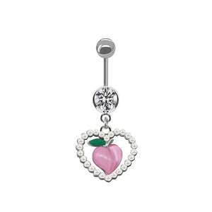 Cute silver peach navel ring featuring a white pearl heart frame and a pink fruit charm