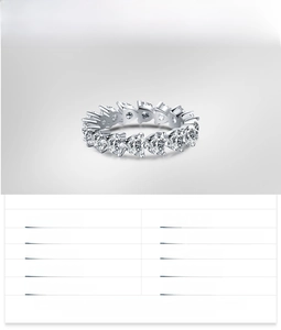 Detailed parameter chart for S925 sterling silver heart-cut eternity ring with white gold finish