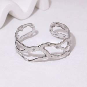 Minimalist silver irregular hollow open cuff bracelet in titanium steel lava texture