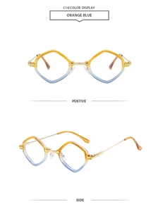 Front and side view of orange blue gradient diamond frame sunglasses with gold temples