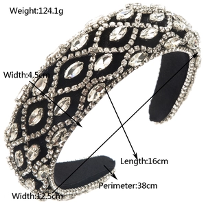 Serre-tête baroque large avec strass blancs étincelants sur velours noir pour fête