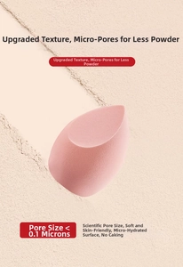 Macro view of teardrop makeup sponge showing ultrafine 0.1 micron pores for smooth application