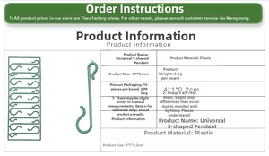 Detail of green plastic S-shaped ornament hooks with specific dimensions and packaging specs