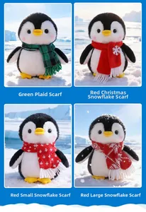 Four plush penguins with varied Christmas scarf patterns in a 2x2 grid snowy display