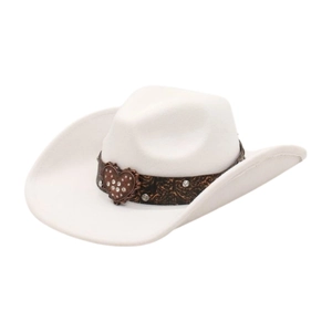 White felt western cowboy hat featuring a vintage rhinestone heart buckle hatband
