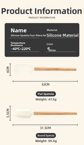 Size chart for 4-piece silicone spatula set with beech wood handles and white finish