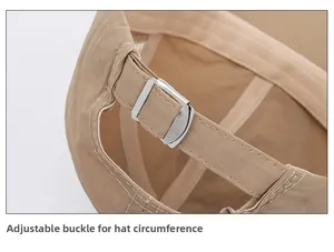Detail view of khaki baseball cap with adjustable silver metal buckle and fabric strap