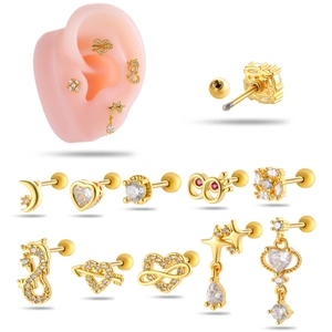 Orecchini Da Piercing Cartilagine In Acciaio Inossidabile Rame Zirconia Cuore Stella Luna Vite Gioielli Donna