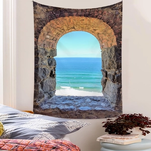 Detail of 3D coastal window view tapestry showing the ocean landscape on a bedroom wall