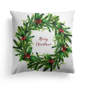 Fresh watercolor Christmas wreath pillow cover with Merry Christmas text on white fabric
