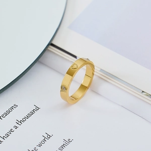 18K gold plated heart ring with diamond accents on minimalist stainless steel band