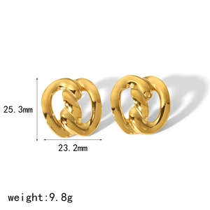 Detailed view of intertwined gold steel earrings with 25.3mm x 23.2mm size markings