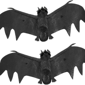 Pair of realistic black rubber bat props for Halloween spooky atmosphere decorations