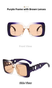 Detail view of square oversized sunglasses featuring hollowed-out chain temples in purple