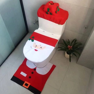 Christmas Toilet Cover And Tank Lid Cover And U Shaped Floor Rug Brushed Fabric Santa Snowman Deer Elf Cartoon Bathroom Decor