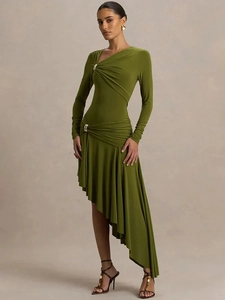 Olive green off-shoulder long sleeve dress with ruffle hem and gold ring detail