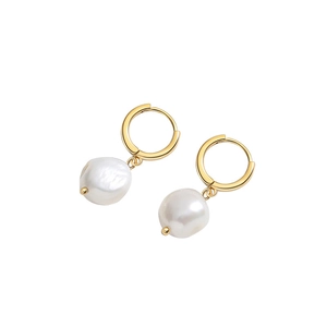 Baroque freshwater pearl drop earrings with golden clasps shown on white background