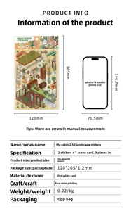 Size comparison and specifications for My Little Cabin 2.5D stickers with PET scenes