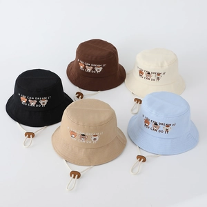 Kids flat top bucket hats with three bears embroidery and adjustable windproof cords