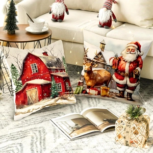 Christmas pillow covers featuring festive Santa and elk prints on a cozy home sofa