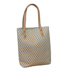 Sac fourre-tout en toile à motifs losanges jaunes avec des poignées en cuir marron