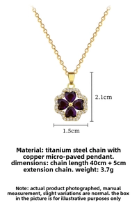 Detail of titanium steel clover necklace with purple heart stones and pavé crystals