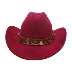 Detail of burgundy cowboy hat with ethnic woven band and silver coin pendants