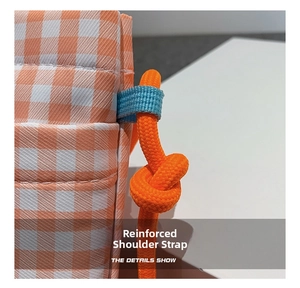 Detail of reinforced strap with blue webbing and orange woven cord on checkered bag